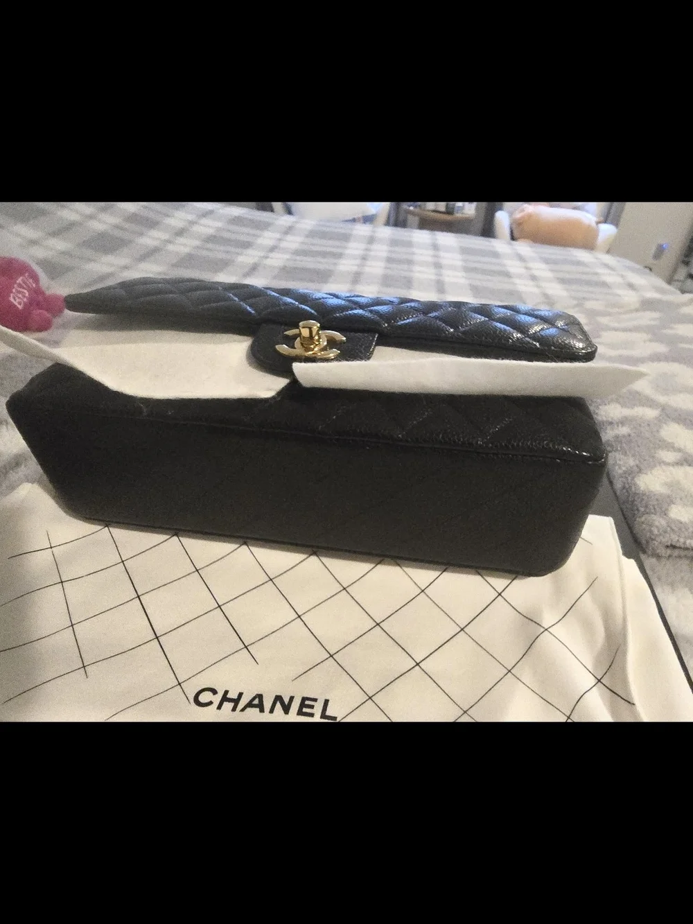 Chanel Classic Quilted Black Cavier Shoulder Bag with Gold Hardware